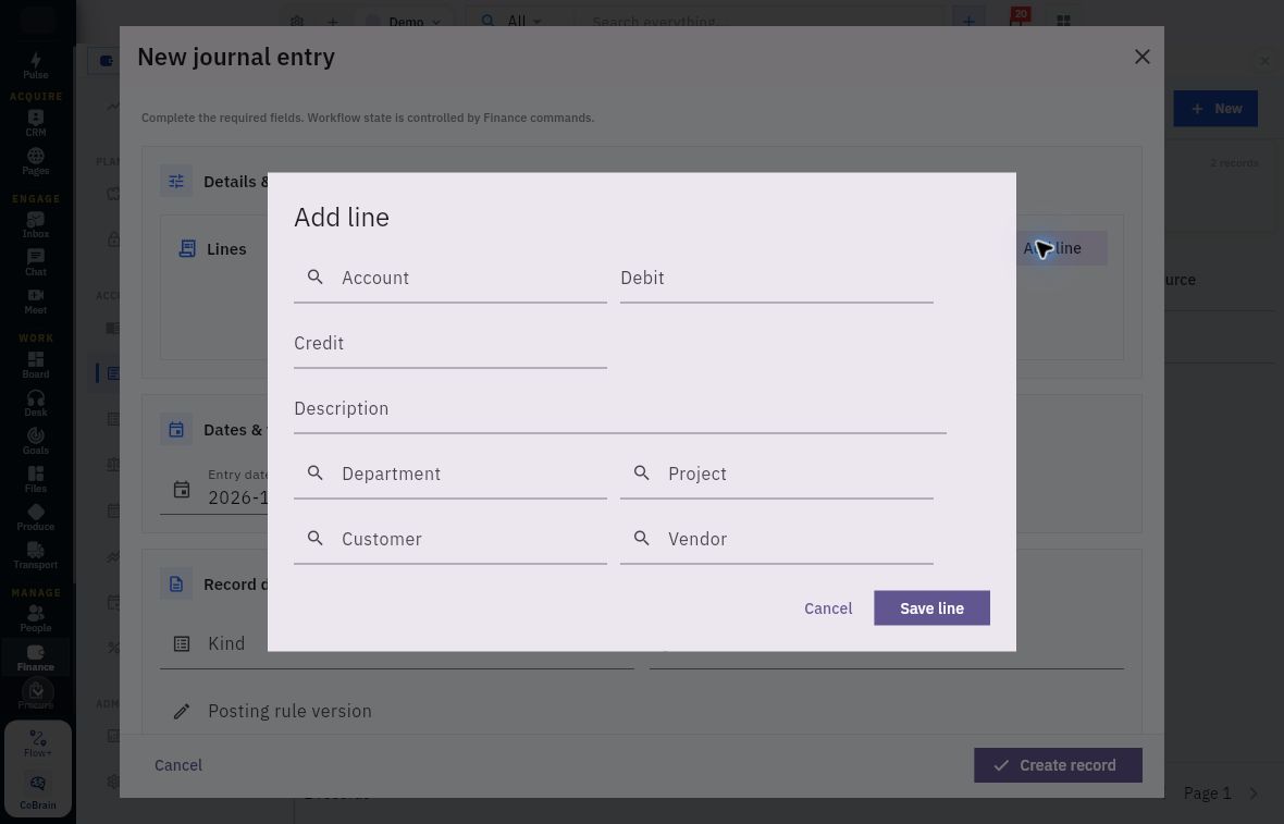 Journal Add line with Account Debit Credit Description Department Project Customer and Vendor