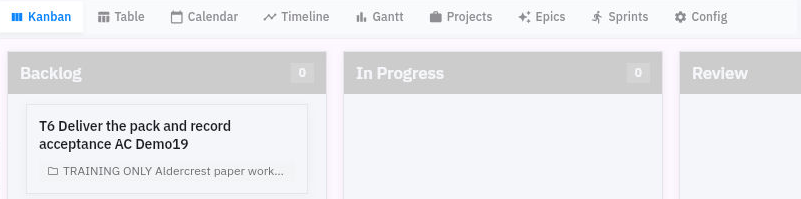 Kanban places the remaining delivery task in Backlog. A visible card and a header count should be reconciled rather than treated as interchangeable evidence.