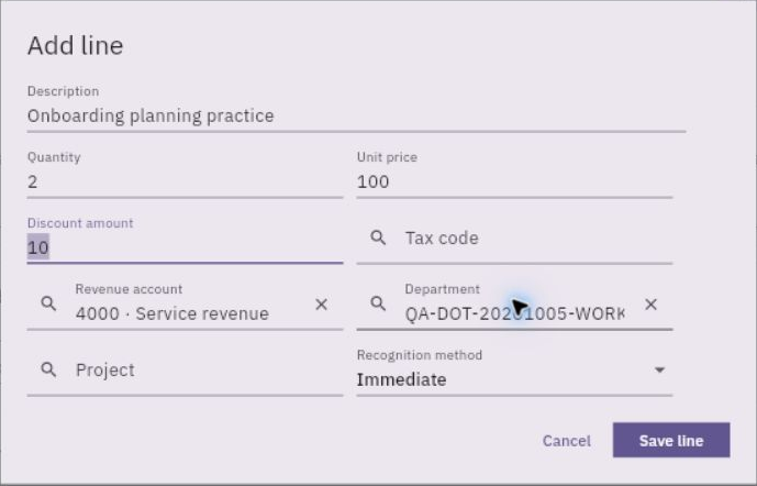 Check quantity, price and line discount before saving the invoice line. The header discount is a separate field.