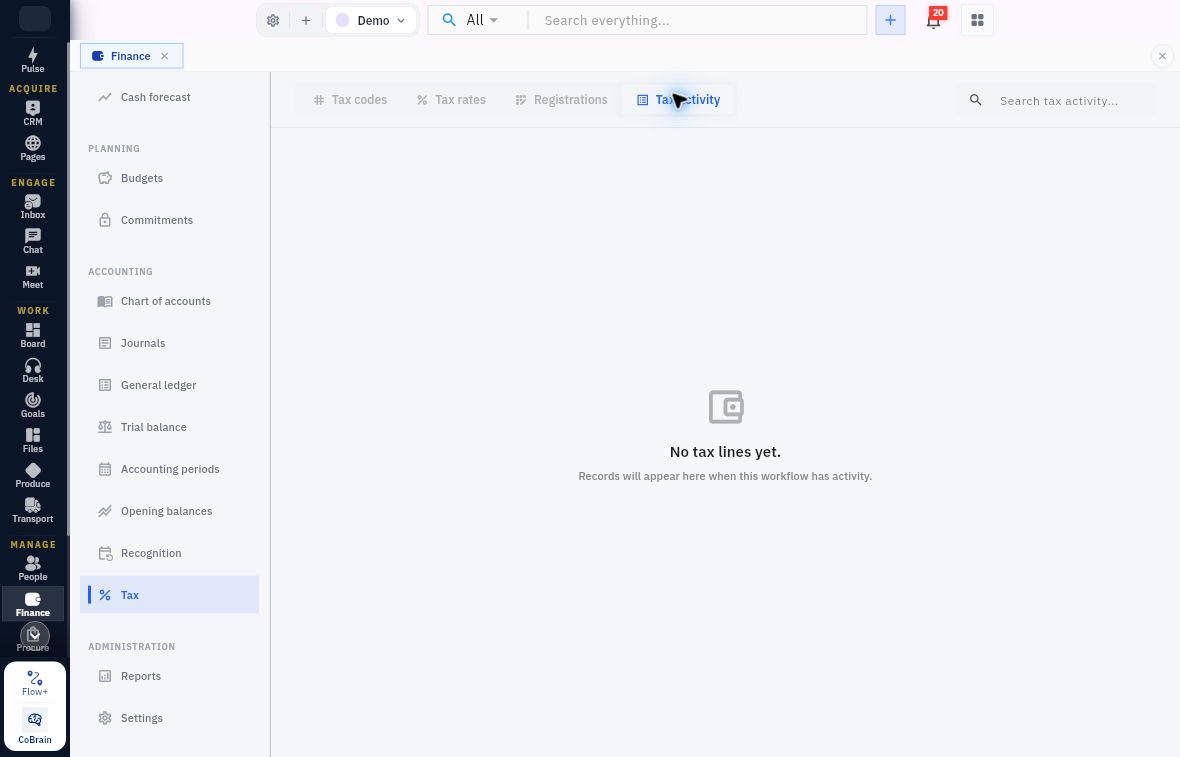 Current Tax activity tab with its search and no-tax-lines empty state
