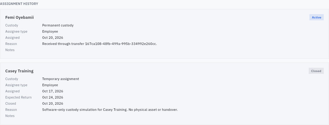 Compare the new and previous assignment cards after transfer. This historical example has Permanent custody without an Expected Return line on the new assignment; the old deadline stays on the closed history.