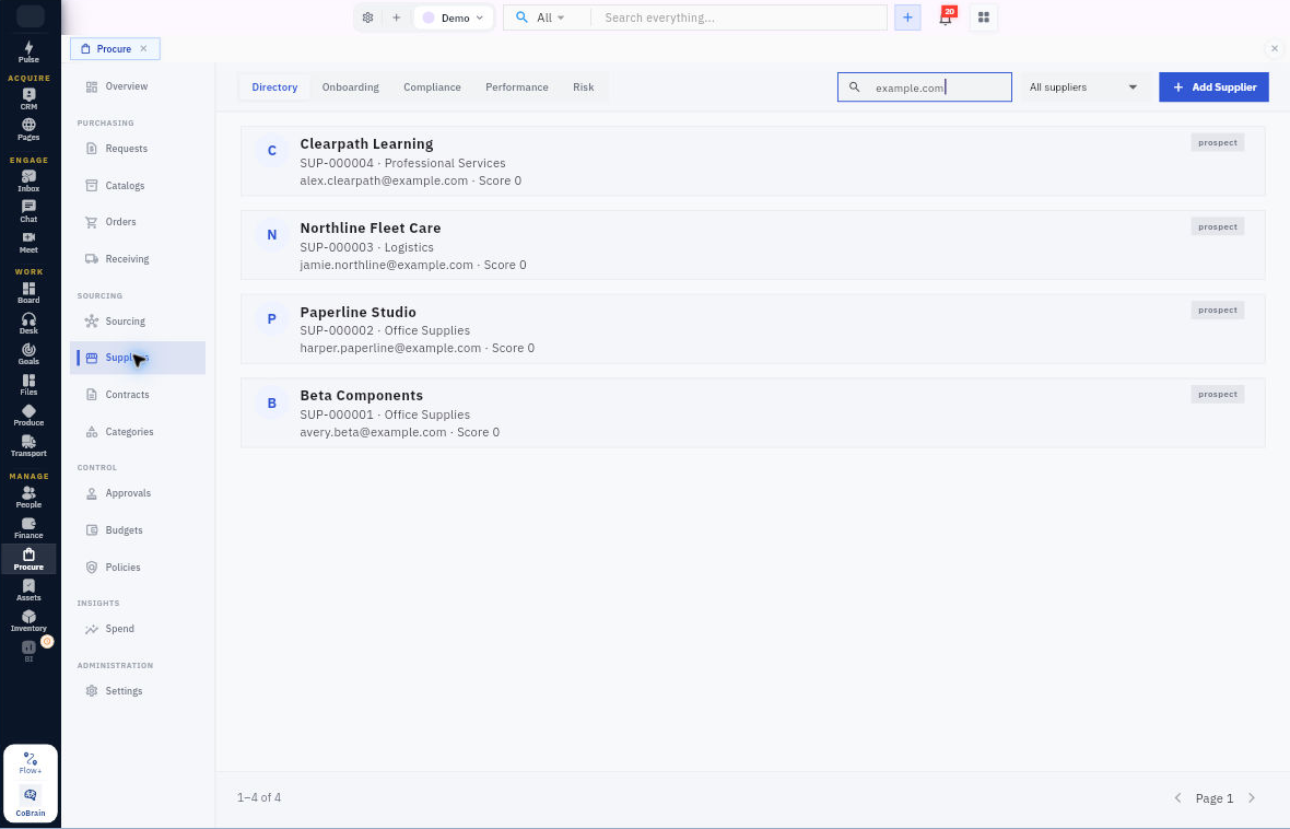 Use Directory search to check existing suppliers before Add Supplier. These example.com contacts are fictional demonstration records.