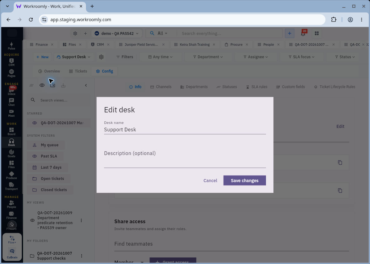 Config → Info lets you edit the desk name and description, then save changes. The example uses sample desk data.