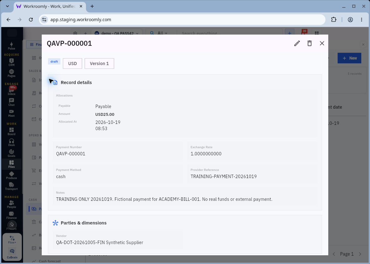 QAVP-000001 retained as Draft Version 1 with a USD25 generic Payable allocation and explicit fictional notes