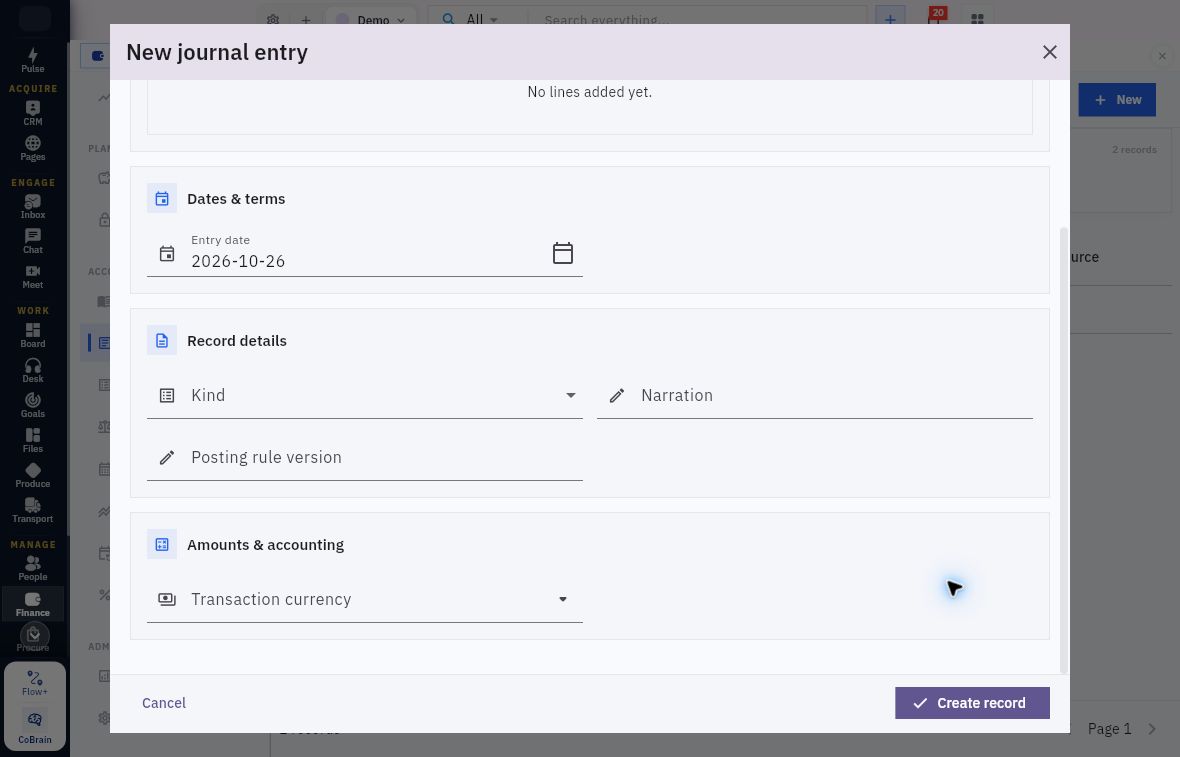 Lower journal entry form showing blank Transaction currency
