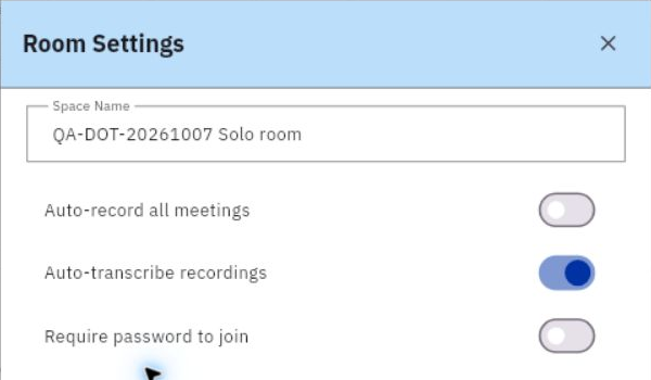 Room Settings separates room name, automatic recording, transcription and password requirement