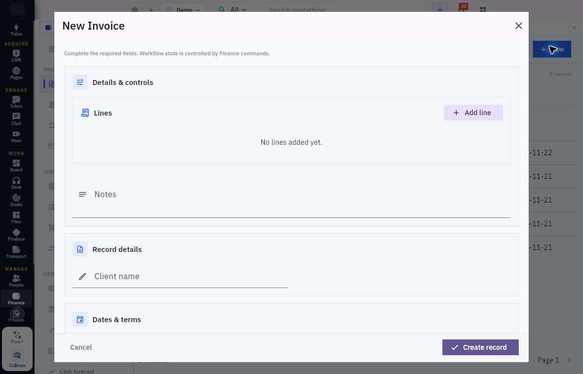 Example New Invoice upper section with Lines, Add line, Notes and Client name