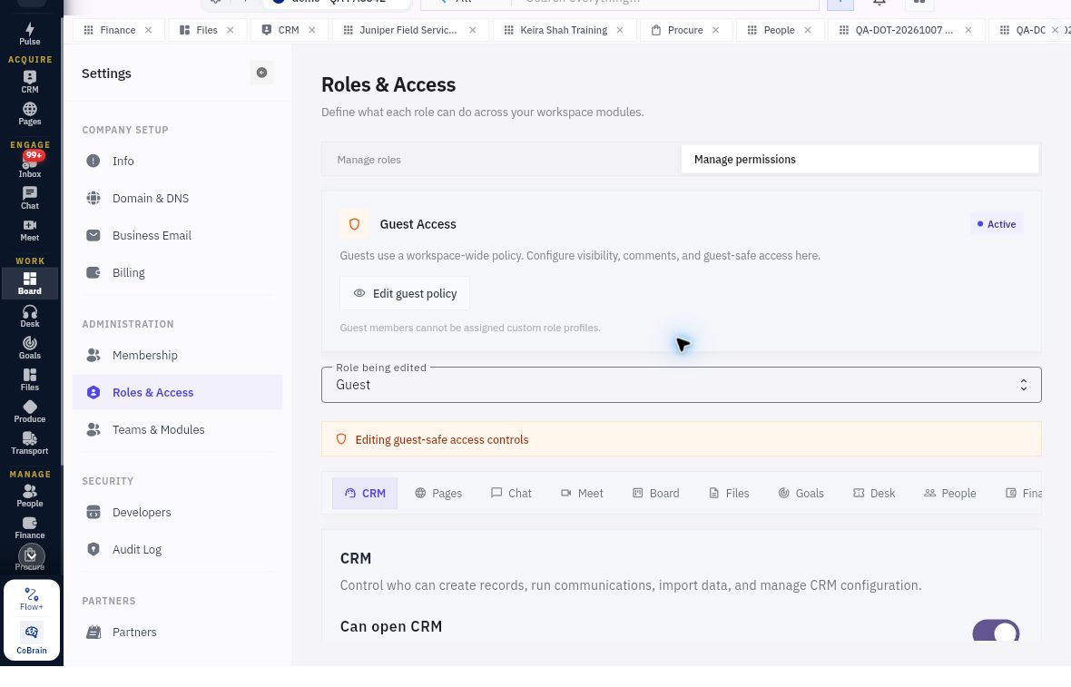 Roles & Access separates the Guest policy from custom role profiles. Check Role being edited before interpreting a permission.