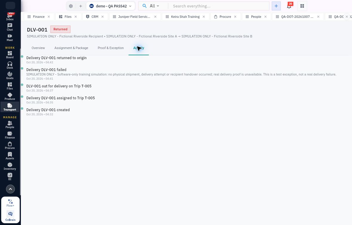 Activity helps trace the delivery’s recorded stages and failure reason. Read the exact request history alongside Proof & Exception; transport events do not themselves establish an Inventory receipt.