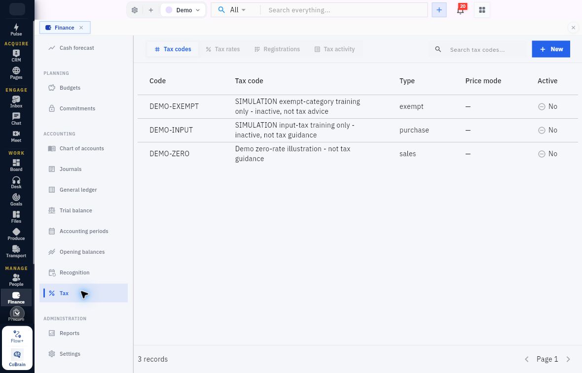 Current Tax codes register with three inactive simulation definitions