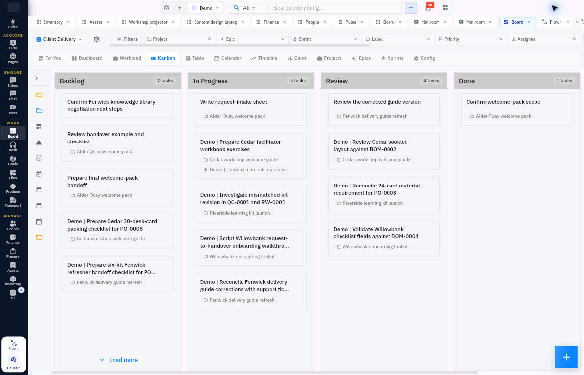 The Demo workspace shows the workroom selector, module rail, application tabs and Board views. This example is the Client Delivery board in Kanban view.