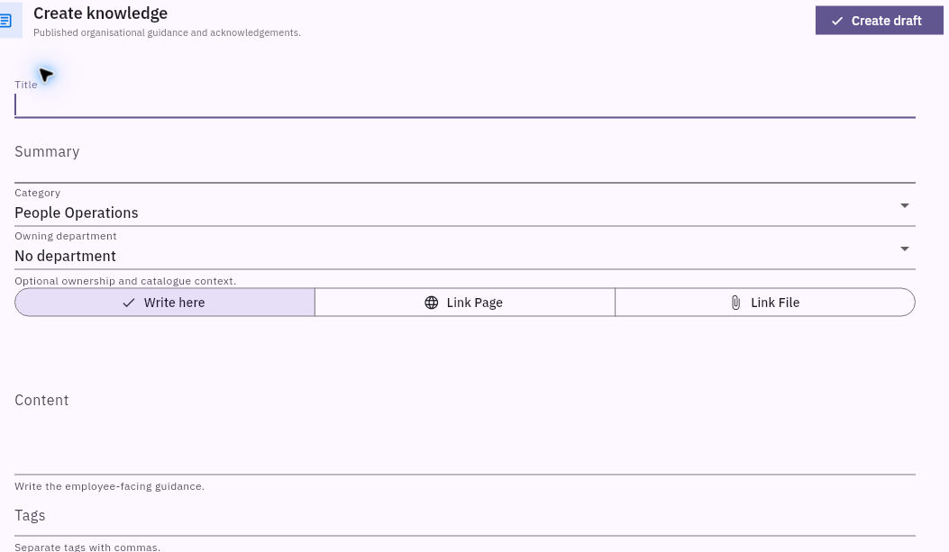 Use Write here for the article body and keep its owner and category meaningful.