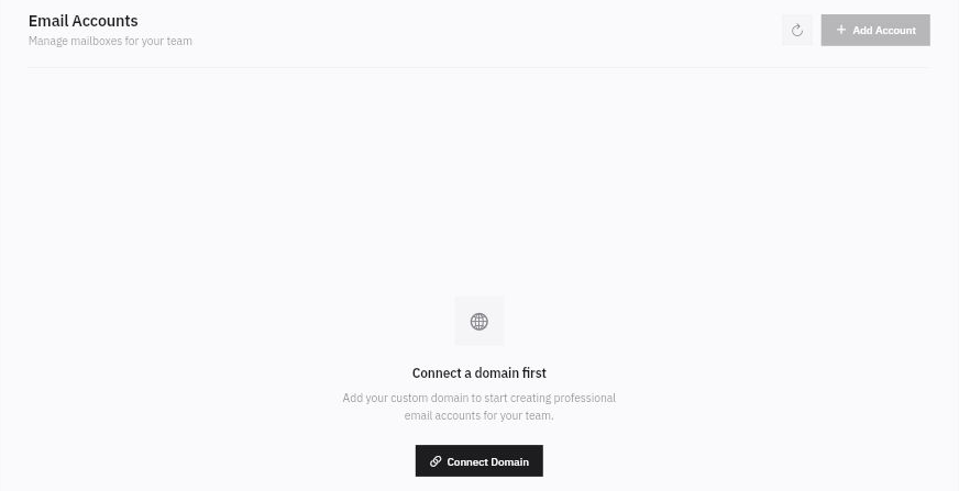 Business Email requires a connected domain before Add Account becomes available; no mailbox creation form is shown here.
