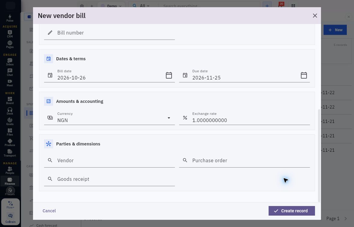 Example lower vendor-bill form showing dates, currency, exchange rate and source relationships
