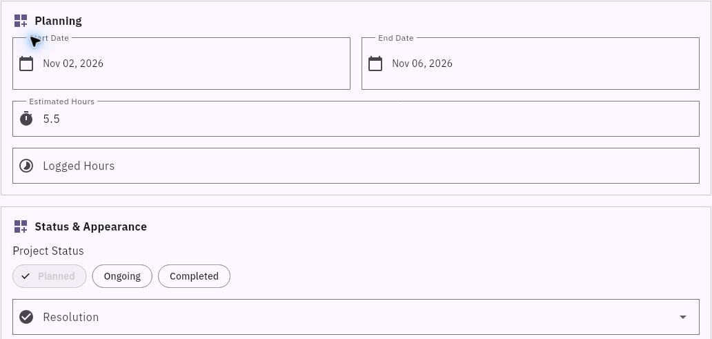 Planning keeps start and end dates, estimated hours, logged hours and project status separate. The values shown are an example.