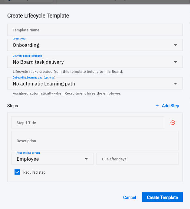 Lifecycle template with optional Board and learning path links and a required checklist step.