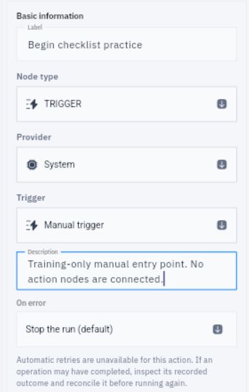 The trigger inspector separates label and description from provider, trigger type and error handling. Descriptive wording does not change the actual entry mechanism.