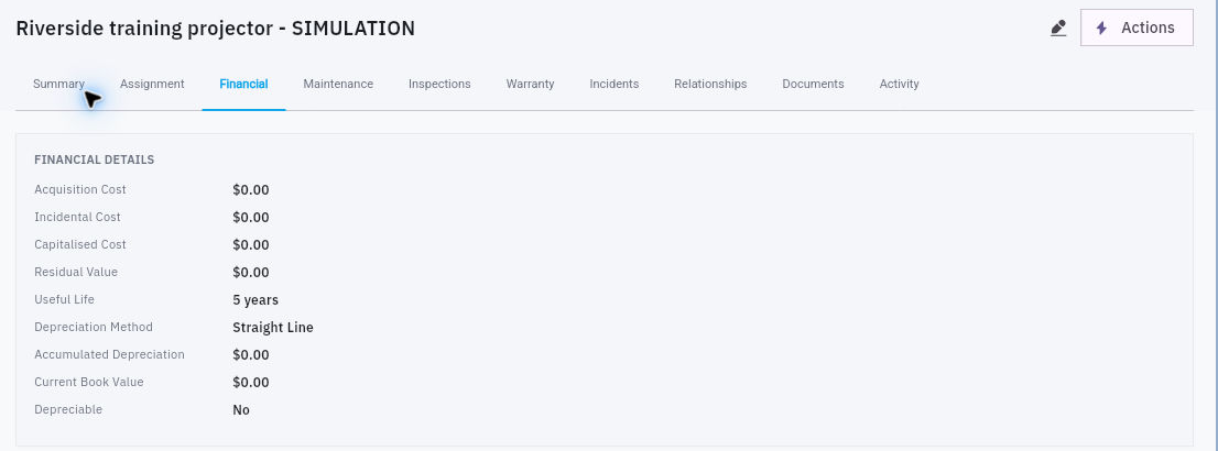 The asset Financial tab separates cost, residual value, depreciation settings and current book value. Example values.