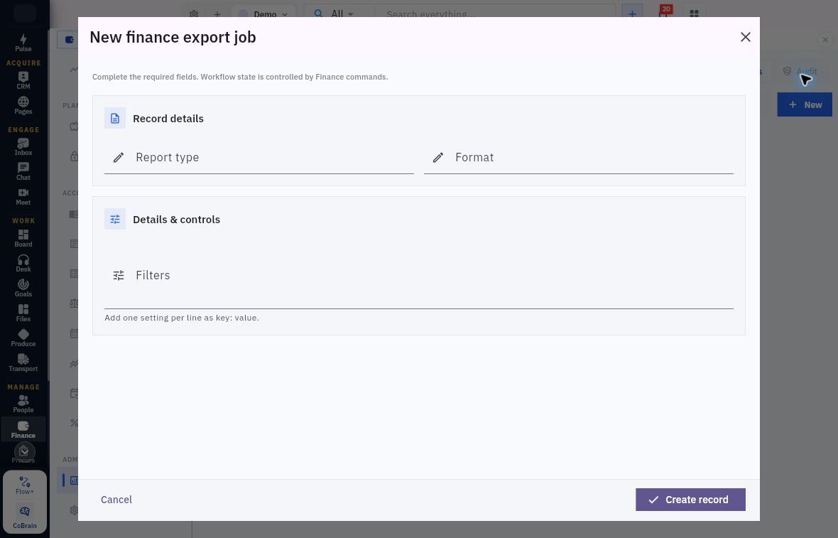 New finance export job with Report type Format and key value Filters