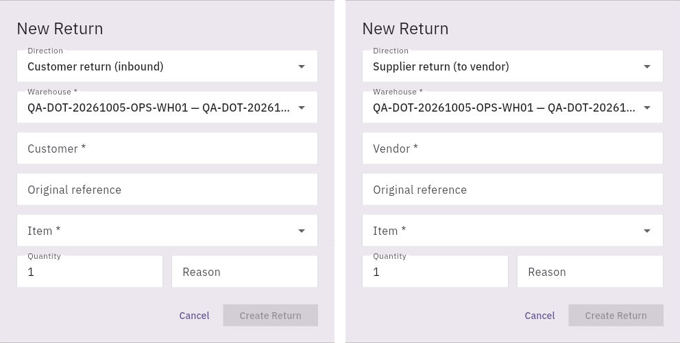 Customer and supplier return forms use different parties but retain the original reference, item, quantity and reason.