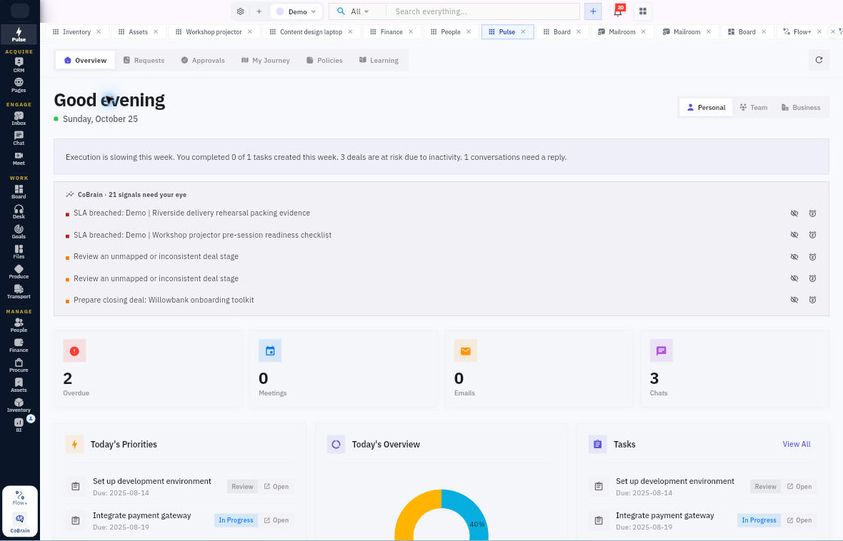 Pulse Overview offers Personal, Team and Business views. This Demo screenshot shows attention signals and task summaries; your items and counts will differ.