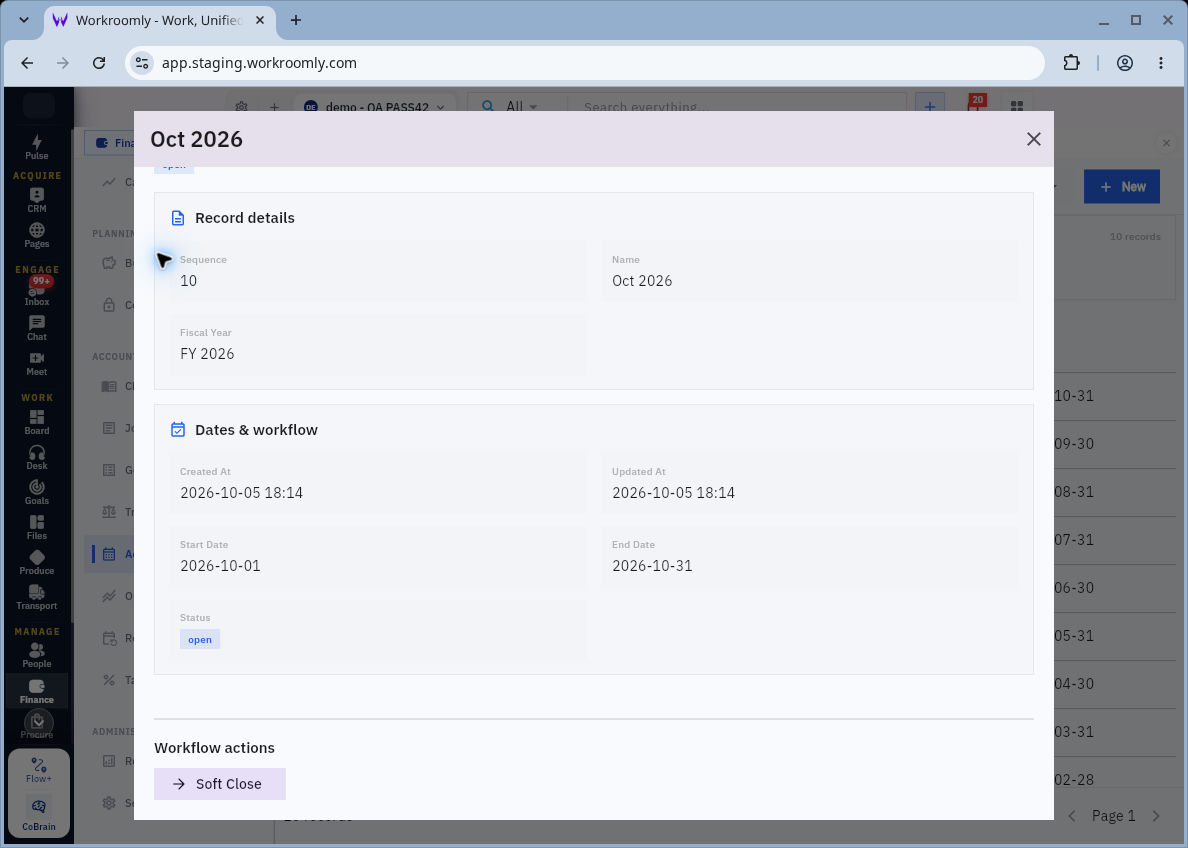 Example Oct 2026 period showing date boundaries open status and the visible Soft Close workflow action