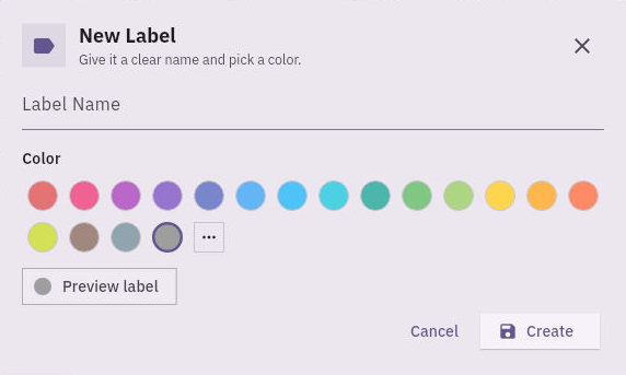 New Label offers a name, color and preview. Define the label's meaning before choosing its appearance.