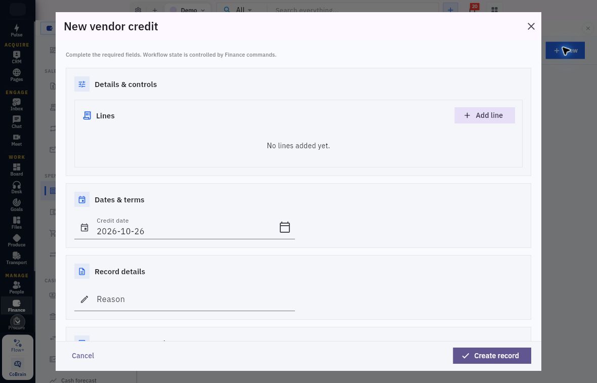 Vendor credit upper form with lines credit date and reason