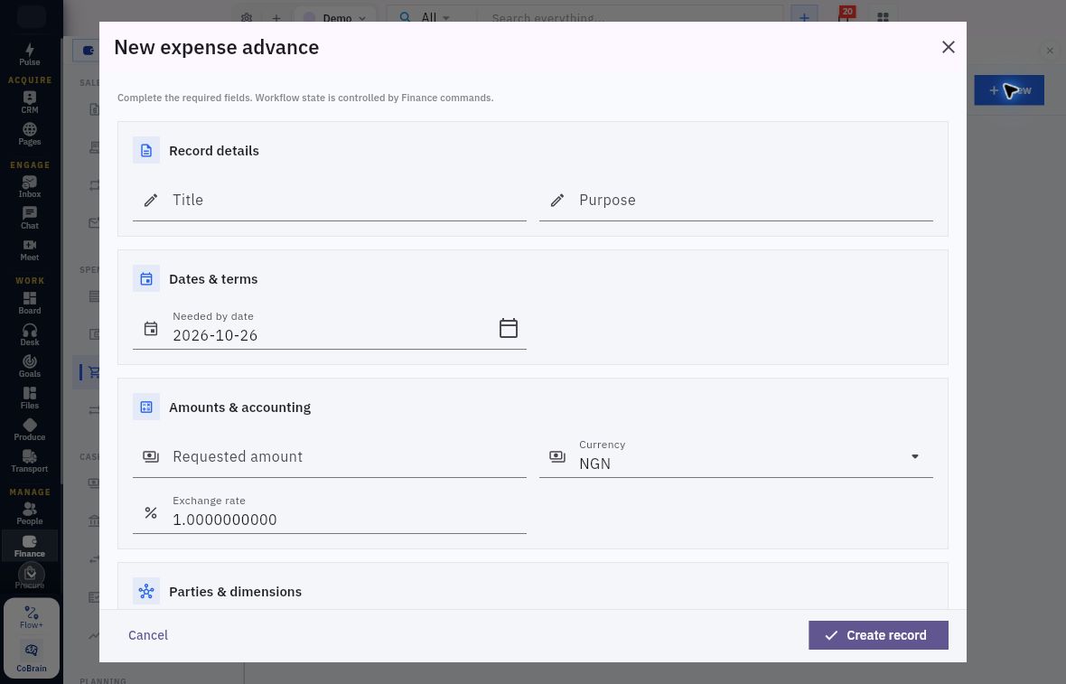 Advance request form showing purpose, needed date and requested amount