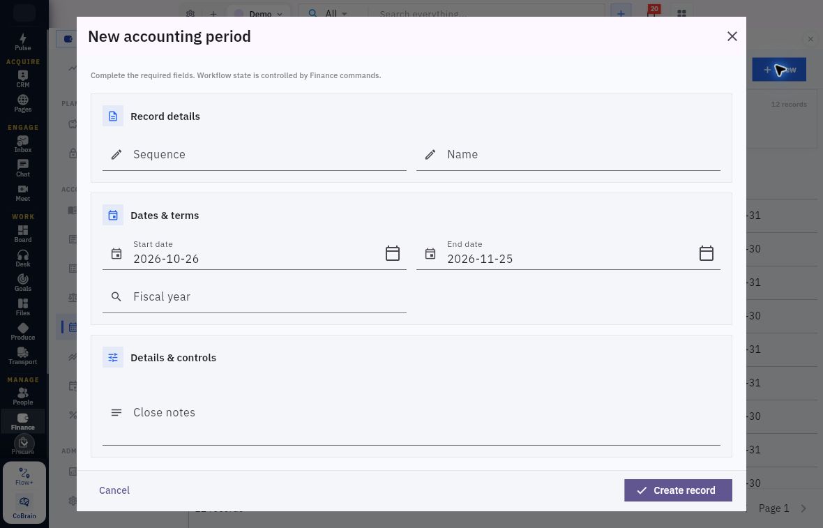 New accounting period showing identity, date boundaries, fiscal-year relationship and notes