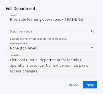 Department editor showing the separate lead, parent department and description fields.