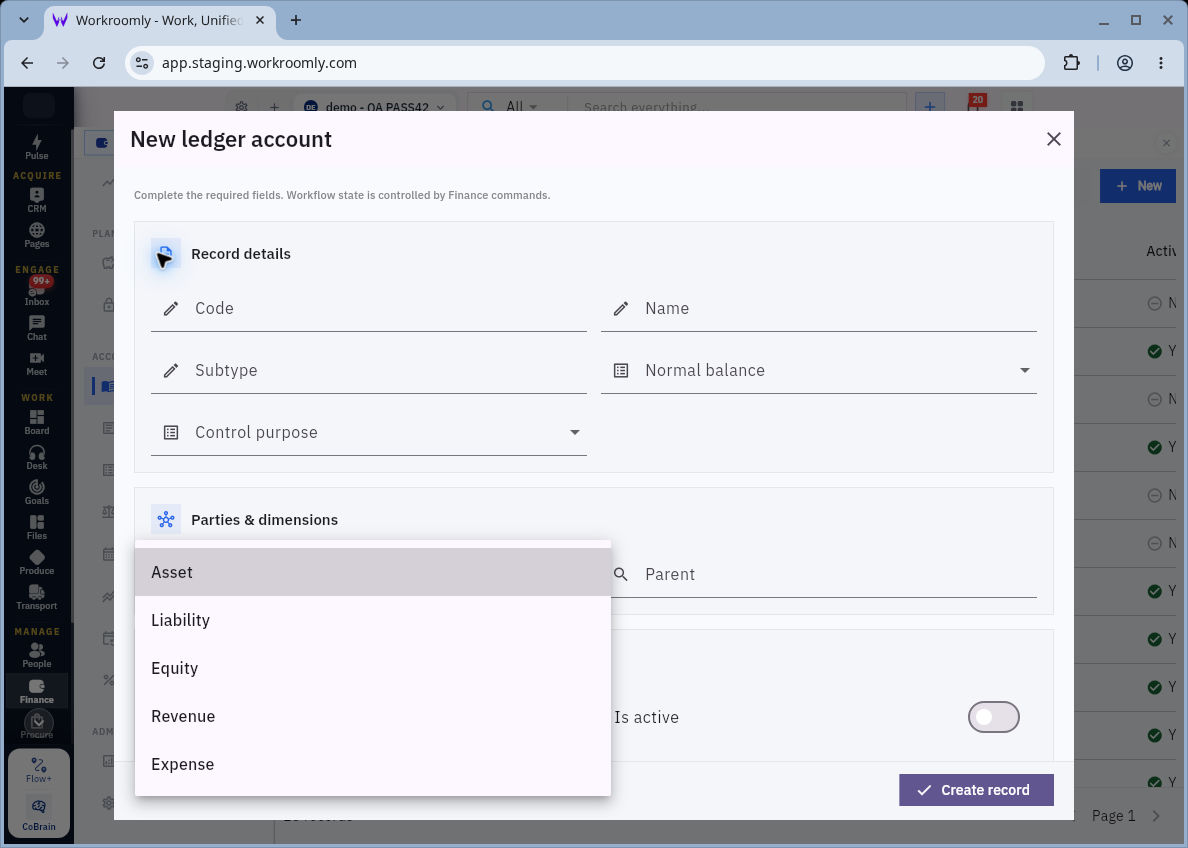 New ledger account with its Account type menu open