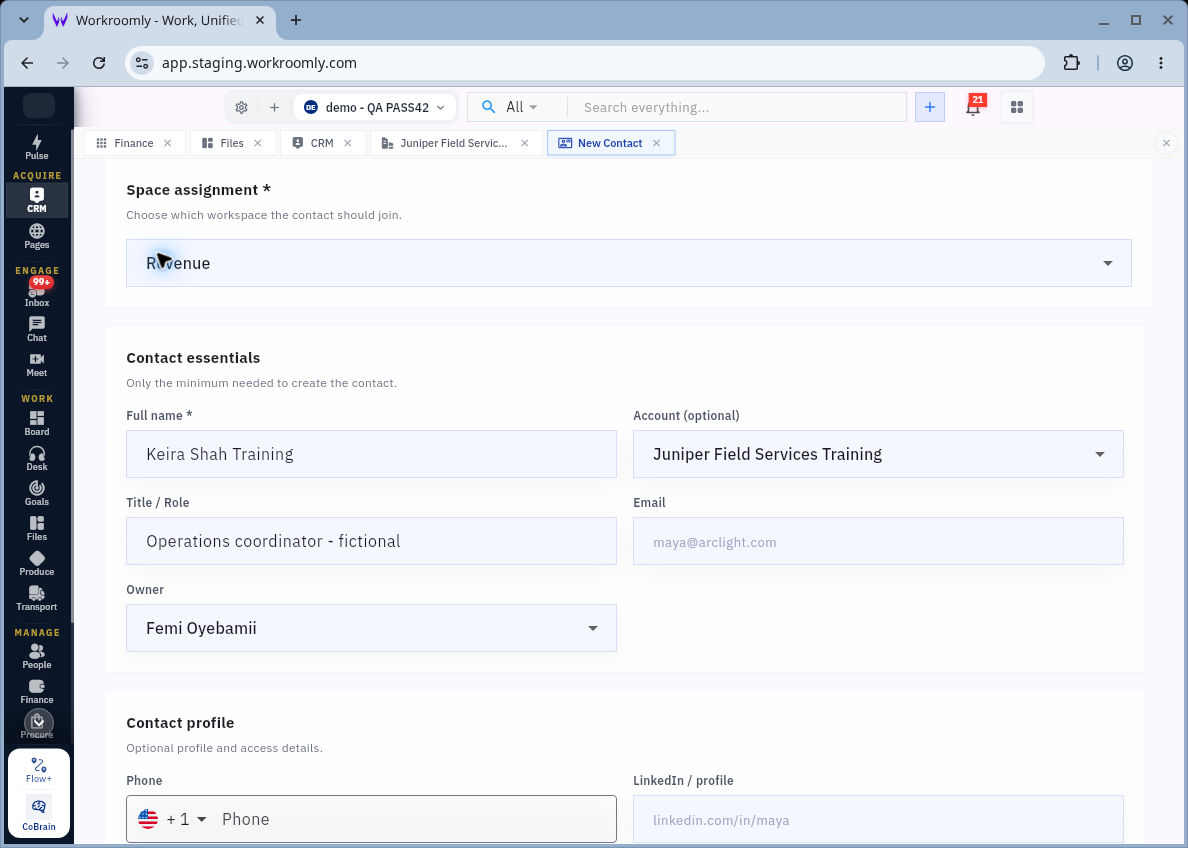 Contact essentials show the selected Account alongside the person's name and role