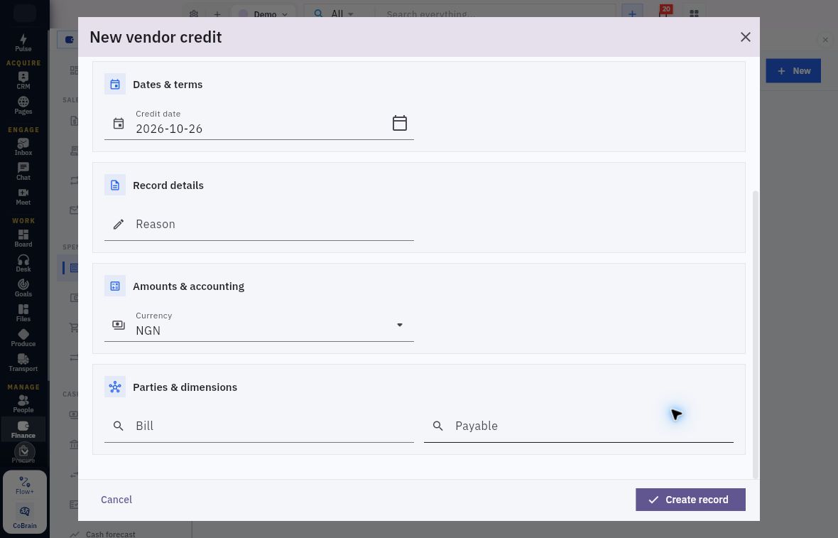 Vendor-credit lower form showing Currency, Bill and Payable