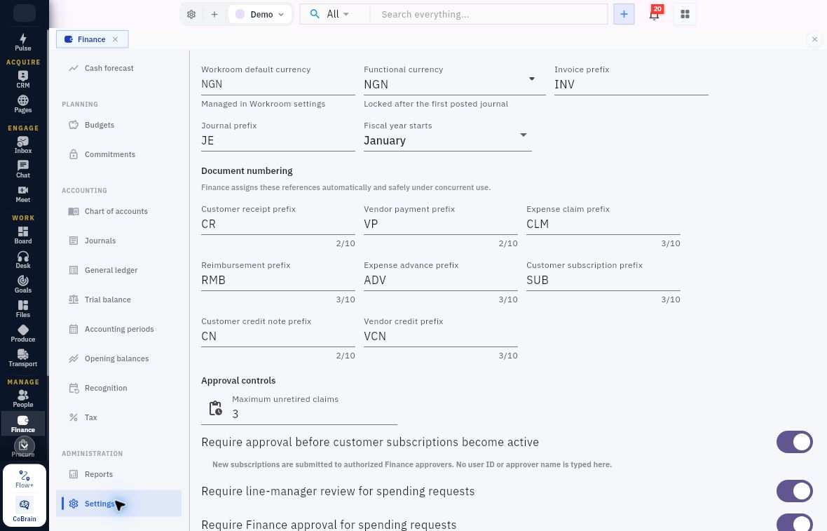 Settings showing currency fields, fiscal-year month and document-prefix controls