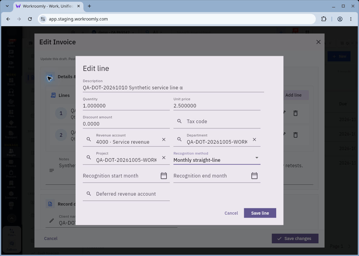Invoice line with Monthly straight-line and its conditional date and deferred-account fields