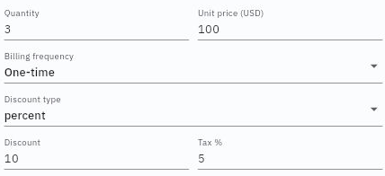 Commercial line inputs show quantity, explicit unit-price currency, billing frequency, discount type and tax