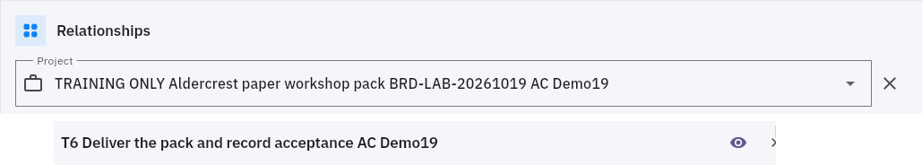 A task's Project field is a saved relationship, not a title convention. The linked task row below provides a separate navigation route.