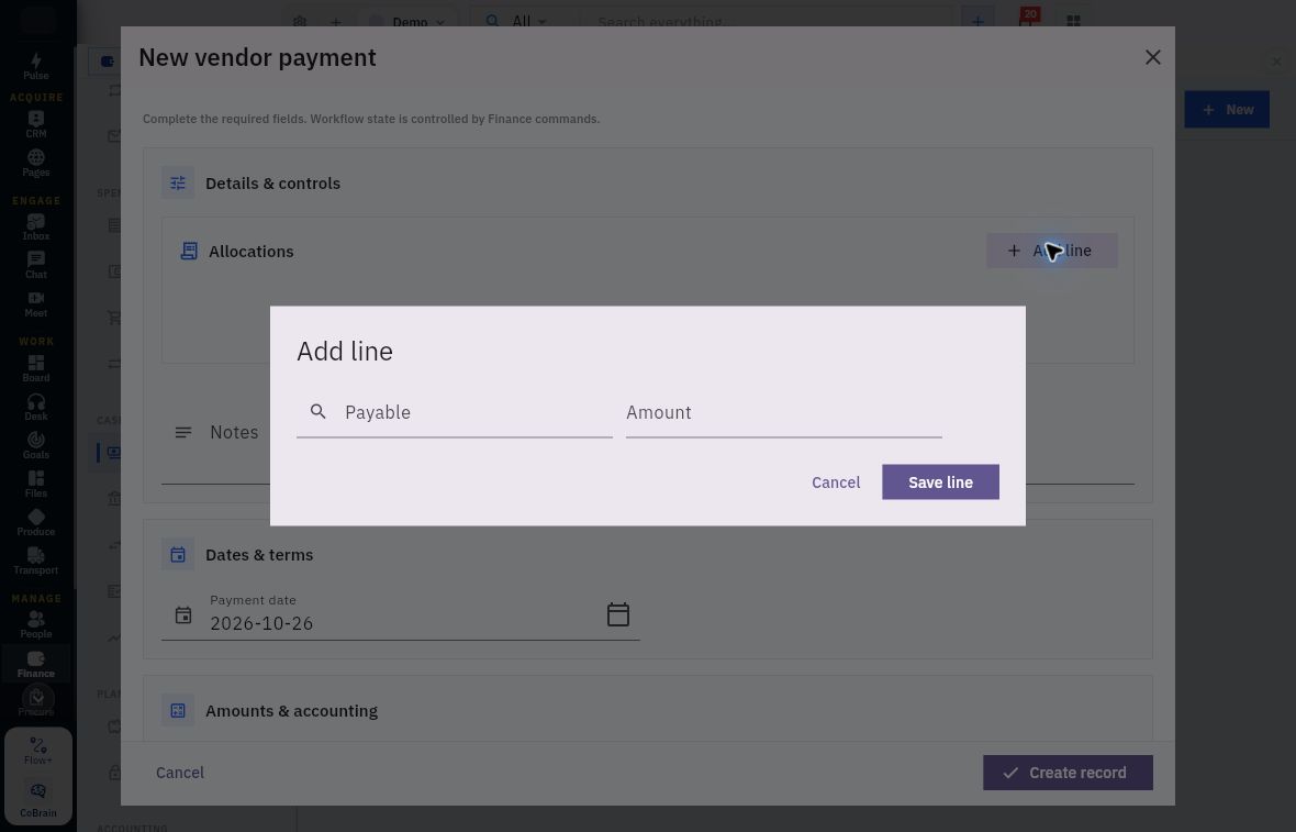 Example vendor allocation dialog with Payable and Amount