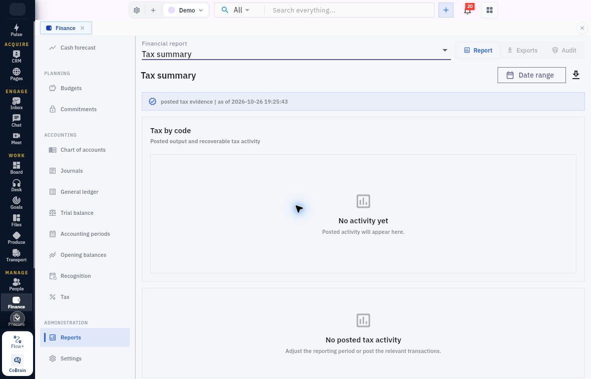 Tax summary showing posted tax evidence and no posted tax activity