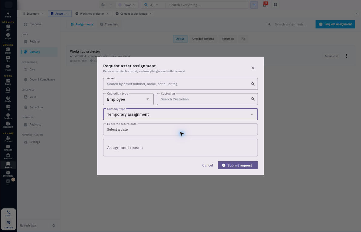 Request asset assignment separates the asset, custodian, custody type and expected return date. Review the exact person and terms before Submit request. Demo form shown.