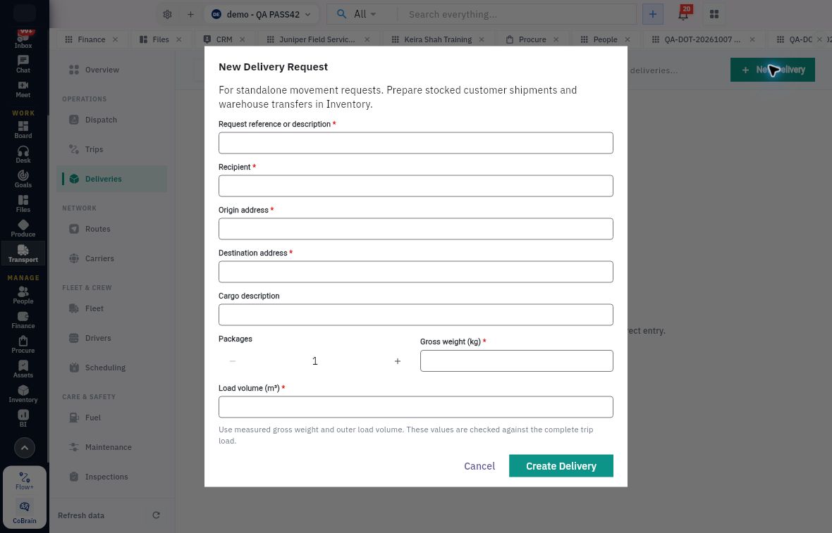 New Delivery Request asks for standalone request details, package count, gross weight and load volume. Stocked shipments and warehouse transfers start in Inventory.
