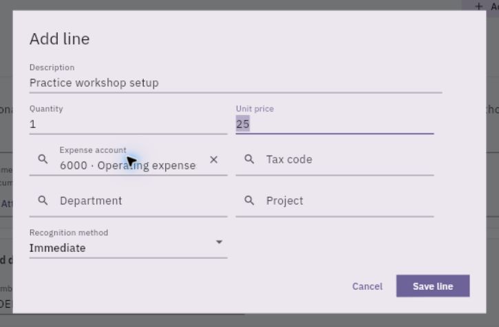 Review the bill line’s amount and expense coding against the supplier document before saving.