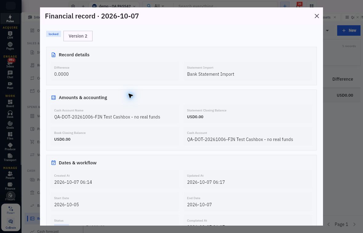 Review the reconciliation’s account, period and balances together. This example is a zero-value demonstration, not a template for your amounts.