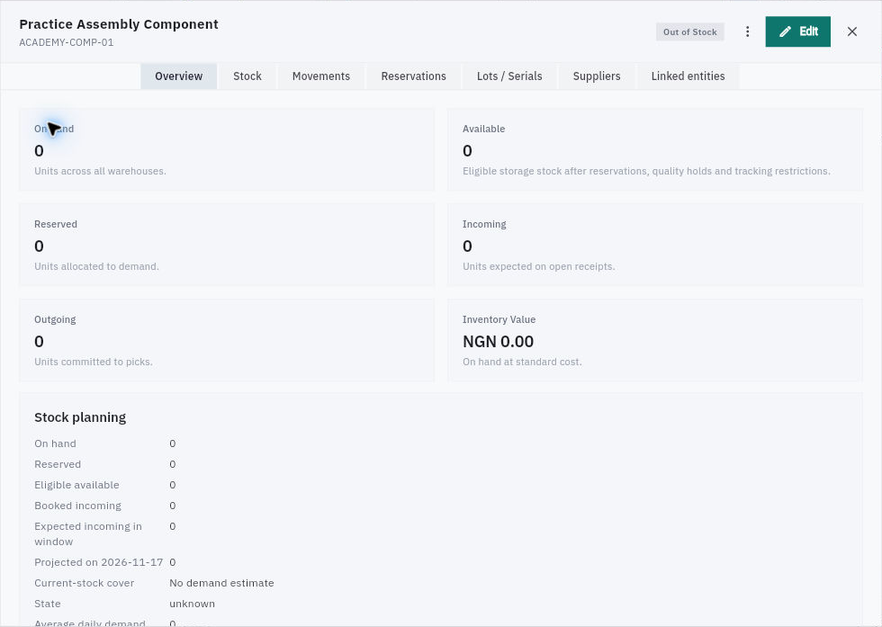 The item Overview separates On Hand, Available, Reserved, Incoming and Outgoing, with helpers explaining each. These historical example values are not your current stock position.