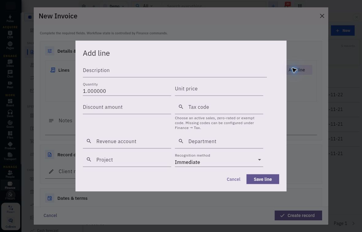Example Add line form with tax-code guidance, account references and Immediate recognition