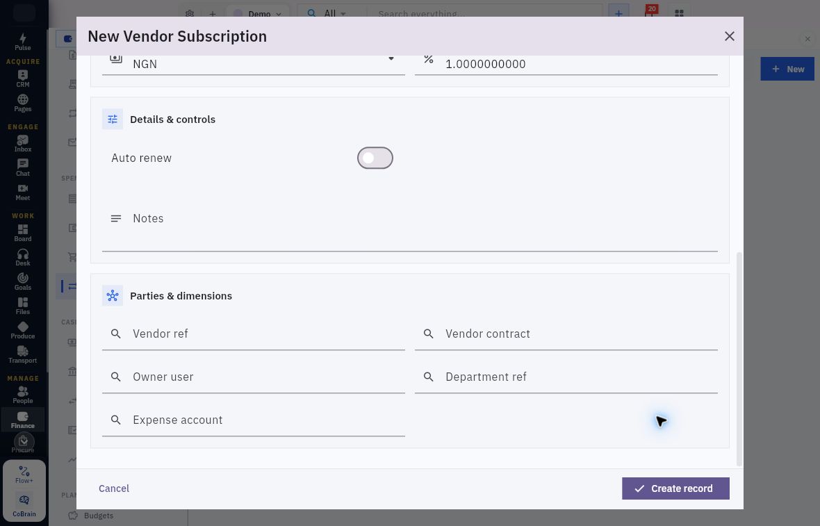 Lower vendor subscription with Auto renew, Notes, Vendor ref, Vendor contract, Owner user, Department ref and Expense account