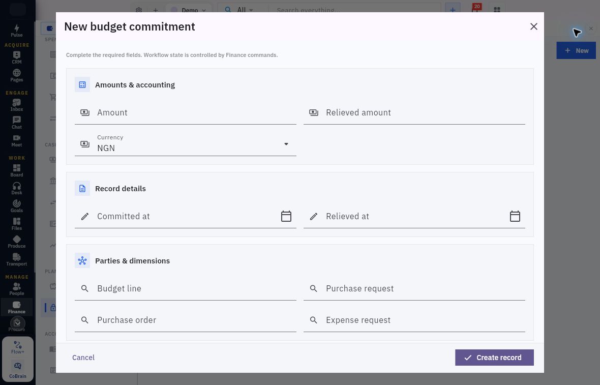 Current budget-commitment form showing amounts, dates and four source relationships