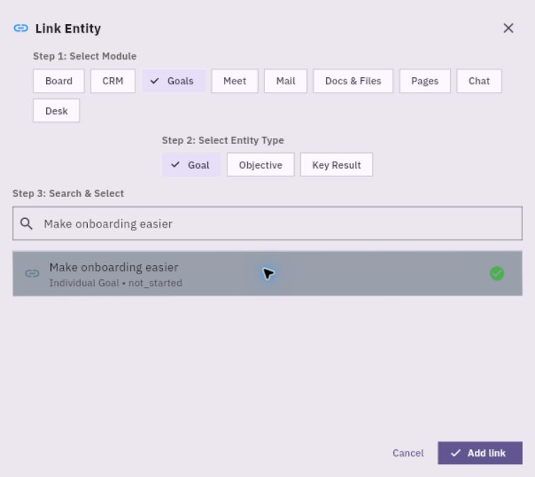 Link Entity separates module, entity type and exact search result. The shown Goal selection is different from linking an Objective or Key Result.