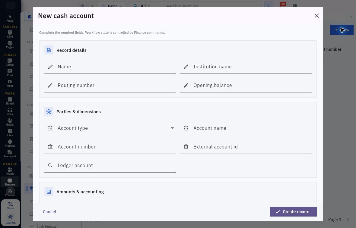 New cash account showing identity, account type, underlying identifiers and Ledger account
